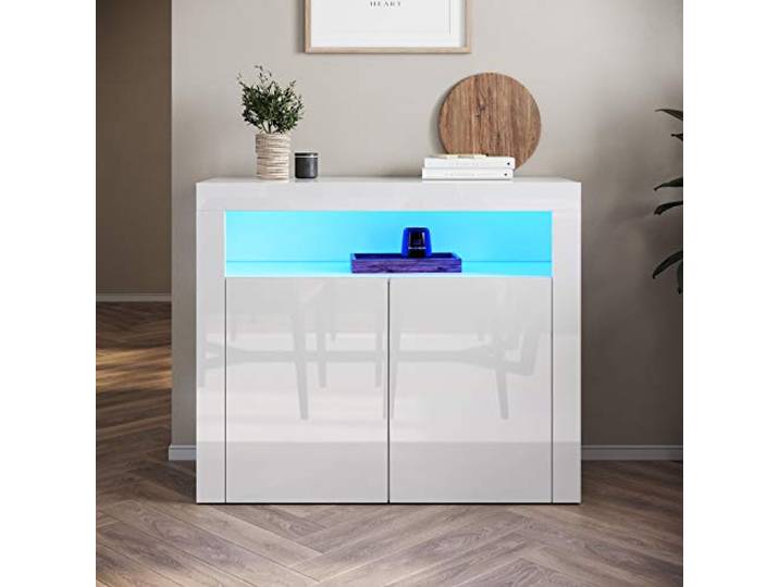 SONNI Groß Sideboard Kommode mit 2 Tür, LED, 108x40x92cm, Hochglanz, Weiß Wohnzimmermöbel, Wohnzimmerschrank, Standschrank, 16 Farben RGB-Funktion mit 4 Grundfarben und 12 Verläufen für Wohnzimmer