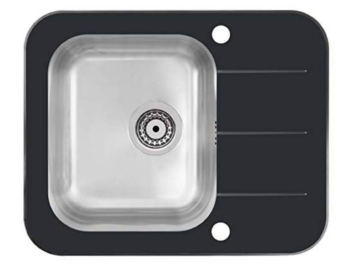 VBChome Glasspüle 62x50 cm Spülbecken Spüle Einbauspüle schwarz Glas gehärtetes Spüle mit Gebürstete Edelstahl Becke (Spülbecken)