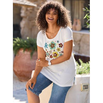 T-Shirt SHEEGO "Shirt", Damen, Gr. 48/50, bunt (ecru, ozean, bedruckt), 50% Baumwolle, 50% Modal, bedruckt, geblümt, gemustert, mehrfarbig, Rundhals, Shirts T-Shirt