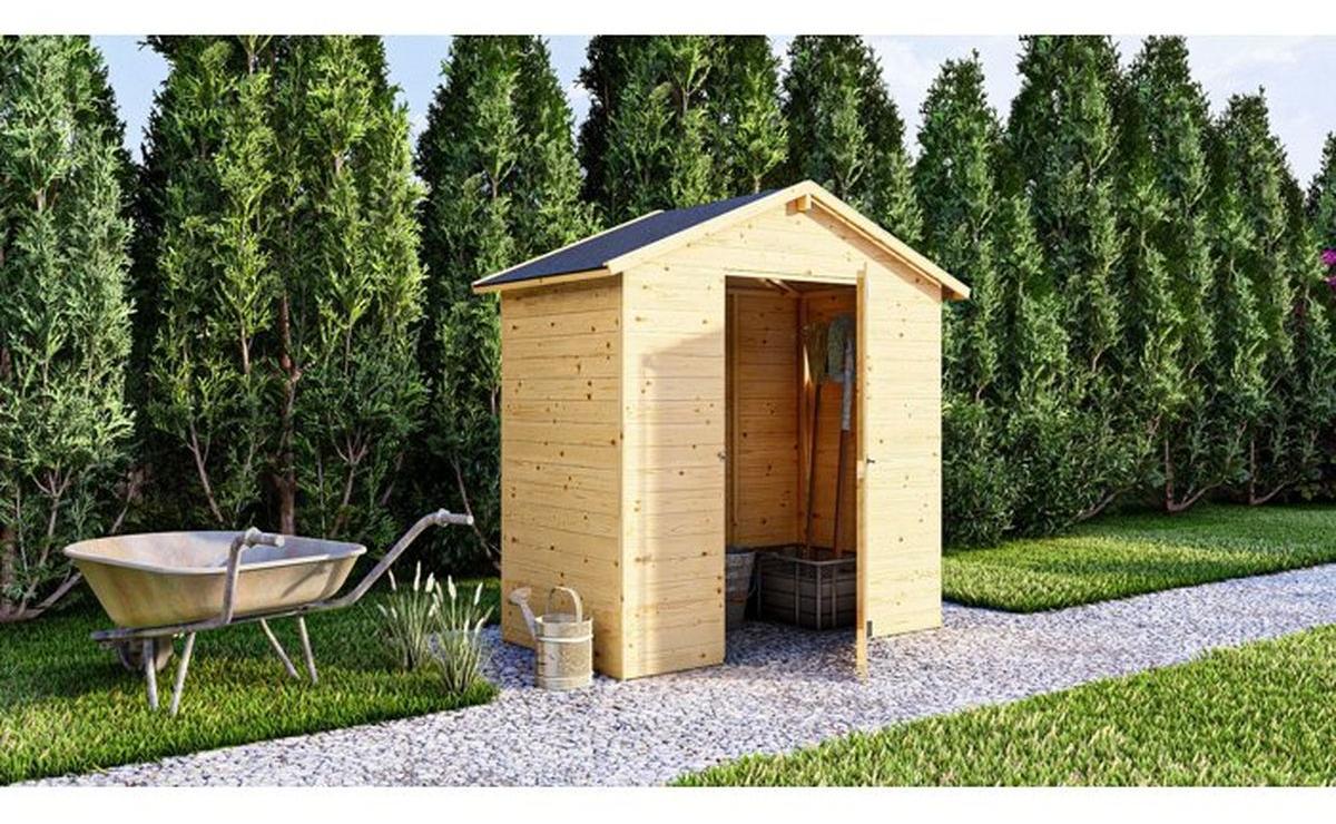 Gartenhaus aus Rohkiefer ARBENA 1,86 m², 12 mm Wandpaneele, wasserdachende Bitumenbahn, Satteldach, 1 Tür mit Riegel, ohne Boden