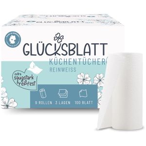 Glücksblatt Küchenrolle Reinweiss, Jumborolle, 3-lagig, 100 Blatt je Rolle, Zellstoff, saugstark & reißfest, 9 Rollen