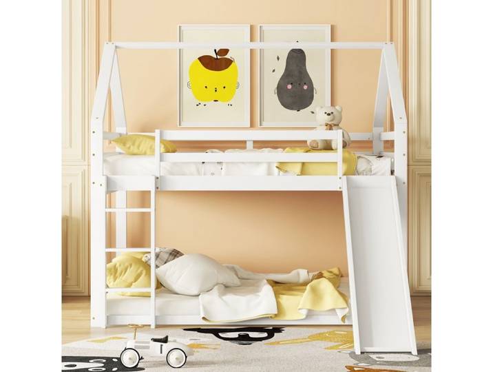 Lit superposé enfant en forme de maison avec toboggan et échelle blanc