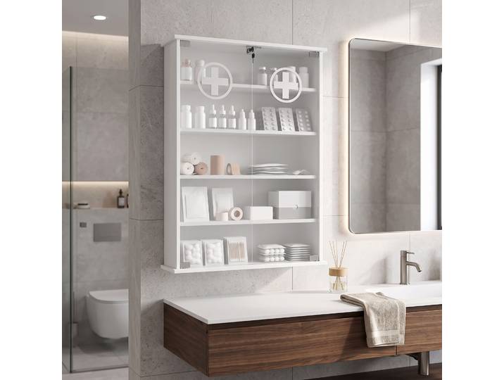 HOMCOM Armoire Pharmacie Murale 5 Niveaux Verre Serrure 60x82,5cm Blanc