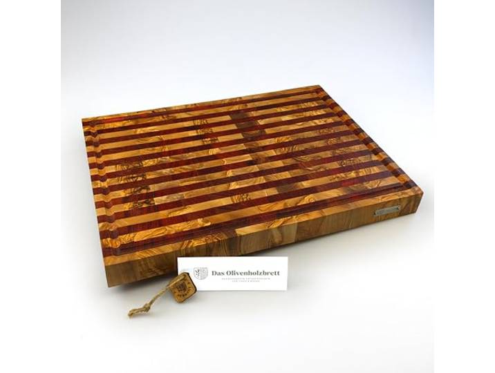 DAS OLIVENHOLZBRETT®Mosaik/Streifen Schneidebrett mit Saftrille 40x30x4,5cm Luxus Hirnholzbrett aus Olivenholz - Stirnholz/Massiv/Rechteckig/Saftrinne/ Saftrille/hochwertiges Küchenbrett!