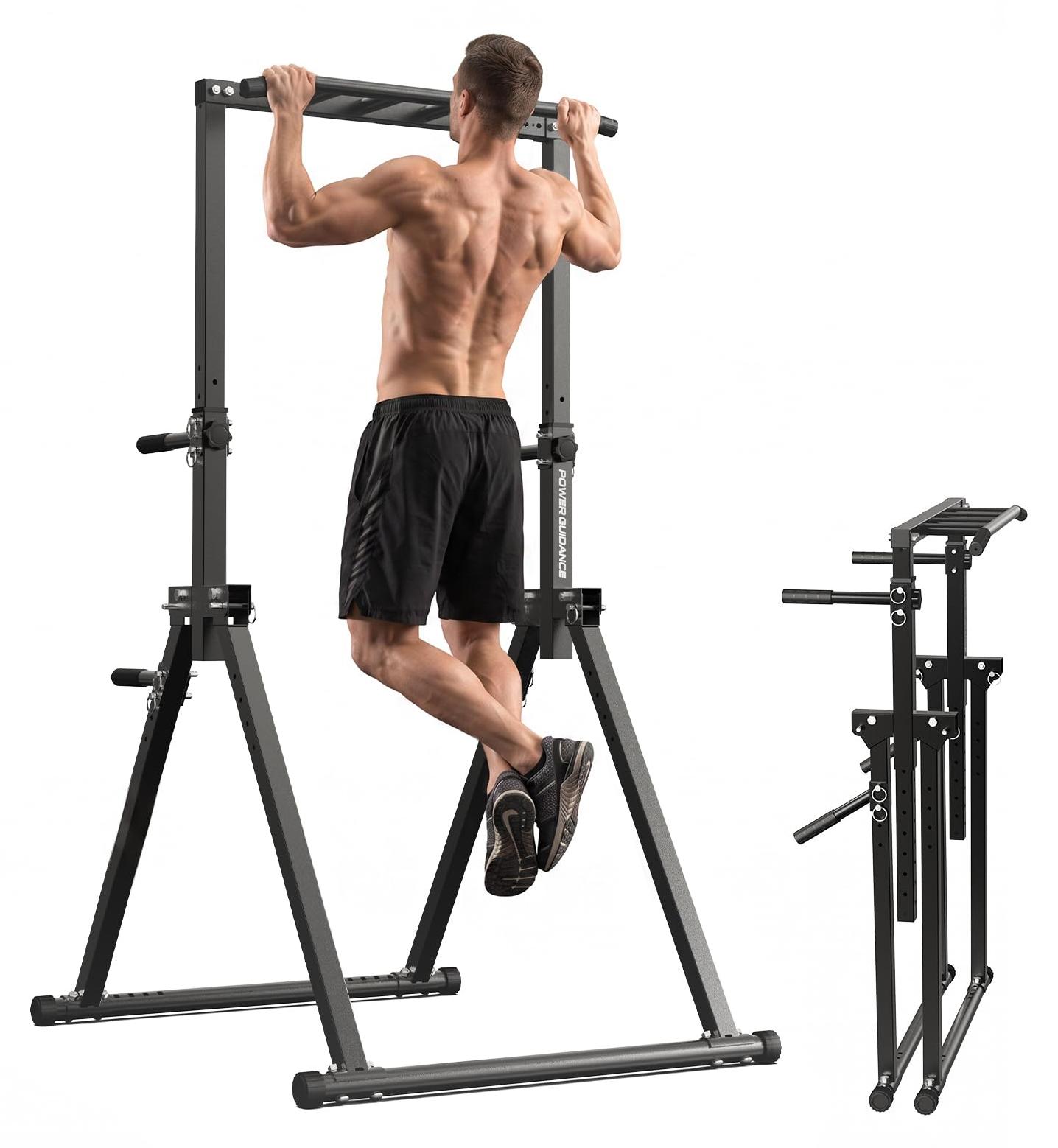 Power Tower mit Zugstange - Freistehend, höhenverstellbar - Maximale Belastung: 300 kg - Eisen - Schwarz - Multifunktionales Fitnessgerät