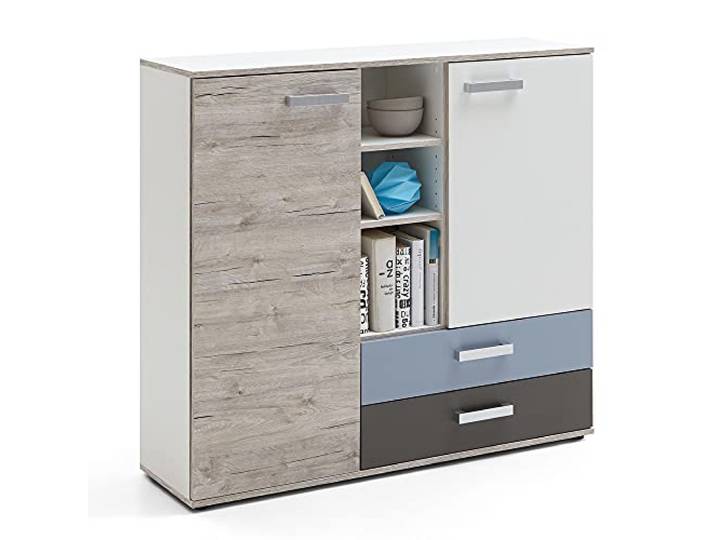 Lomadox Jugendzimmer Anrichte Highboard in Sandeiche, weiß, Lava Denim