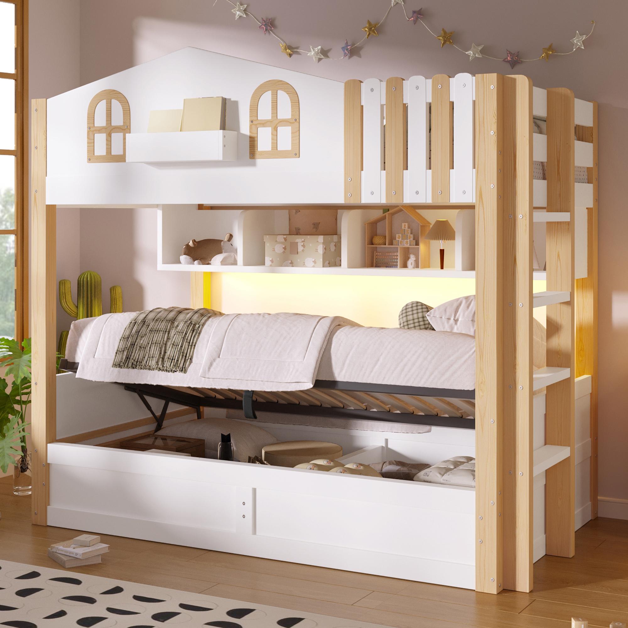 Etagenbett, 90x200cm, Hausdesign, Hydraulische Lagerung,mit LED Leuchten, offenem Staufach , Leiterposition optional, Ohne Matratze,Weiß+Natur