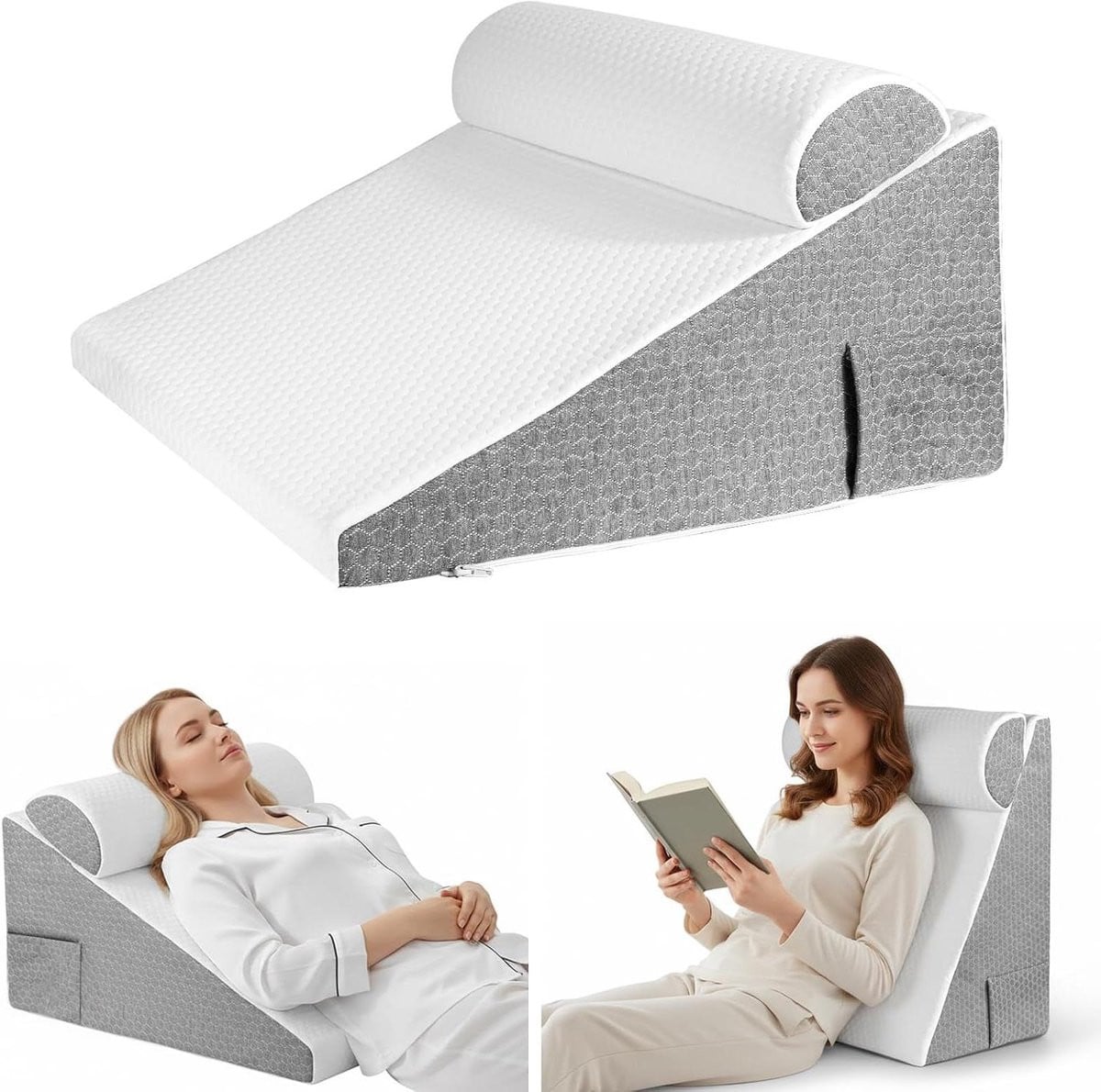 Wit Driehoekig Kussen met Verstelbaar Nekkussen voor Ontspannen Lezen - B/D/H: 50 x 50 x 26 cm