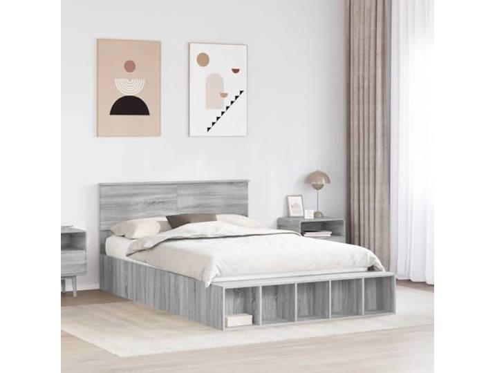 SKTQYQO Sonoma Bettgestell, grau, 150 x 200 cm Technisches Holz, mit Kopfteil, integriertem Behälter, Schubladen und Regalen