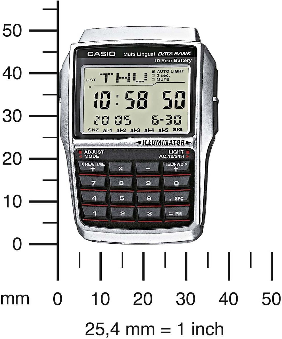 Chronograph CASIO VINTAGE, silber (silberfarben, schwarz), Armbanduhren, Damen, Chronograph, Quarzuhr, Armbanduhr, Taschenrechner, digital, Edelstahlarmband