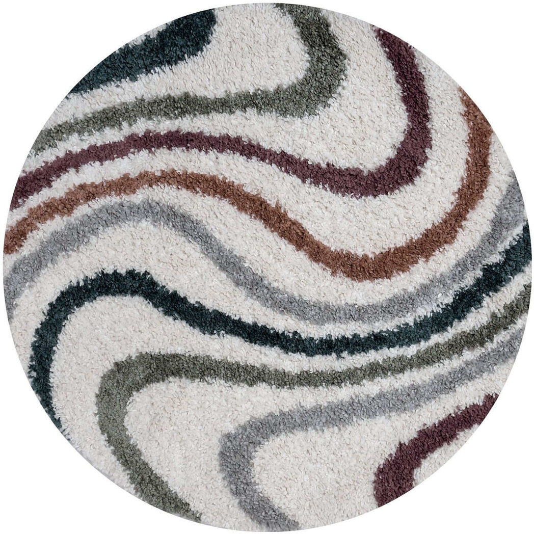 THE RUGS Moodi Modern Shaggy Area Rug Abstract Wavy Line Design Off-White/Multicolour Round 120 cm