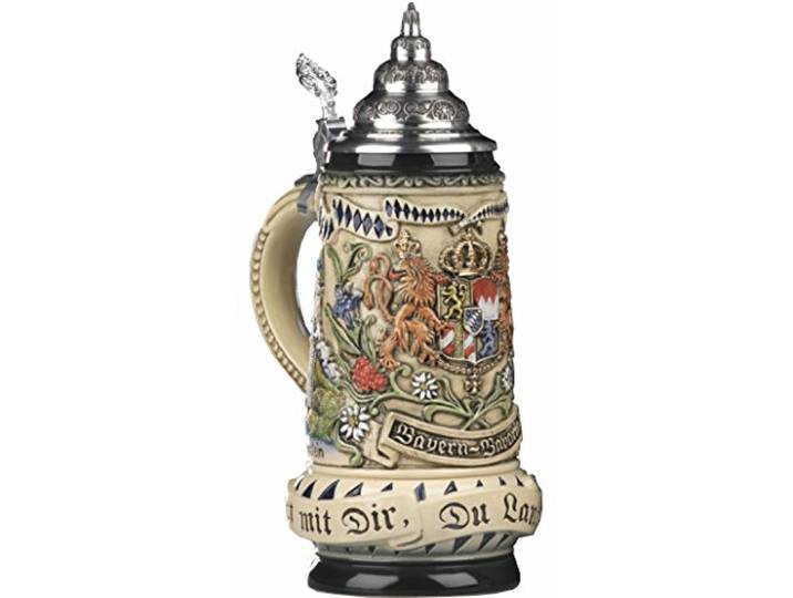KING Bierkrug rustikaler Bayern Seidel, Staatswappen vorn, seitlich München und Neuschwanstein, Motto Gott mit Dir, Du Land der Bayern 0,5 Liter Bierseidel KI 393-RU 0,5L Bayern