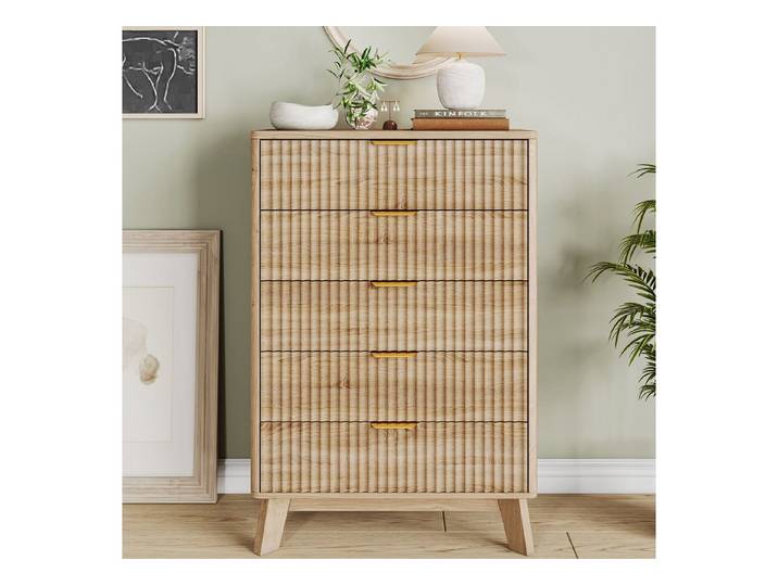 FUROKOY Kommode mit 5 Schubladen Holz Schrank, Sideboard mit Metallgriff,Wellenstruktur vorne,Naturholzfarbe
