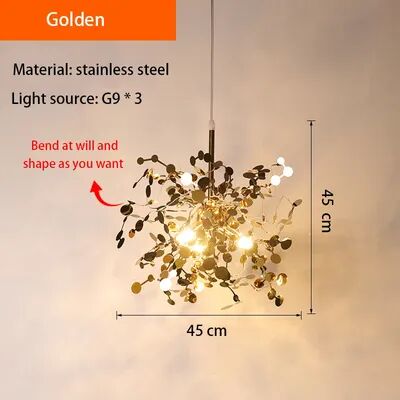On Spot Shop Nordic LED Chandelier, Stainless Steel Chrome Leaf Design For Living Room, Dining Room Bar Table, Modern Personality golden Lamp Body neutral Light
