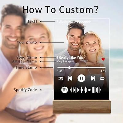 Uplifted Finds Customized Spotify Music Plaque With Personalized Photo And LED Lamp version C 7 Colors Light Base