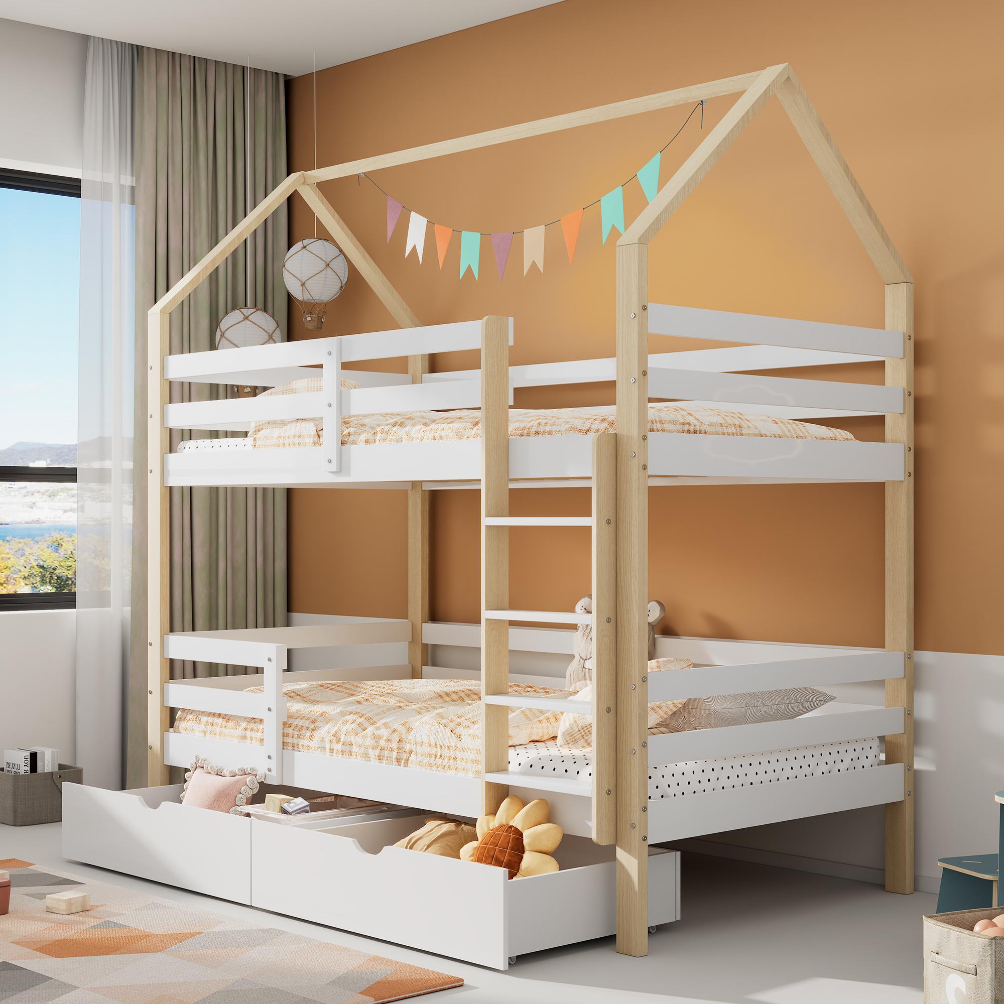 Sweiko Ins und aus dem Bett kommen, Doppelbett, Kinderbett in Hausform, große Schubladen, Kiefernholz Haus Bett for Kids, 90 x 200 cm, ohne Matratze, weiß+Holzfarbe