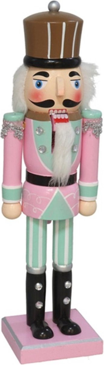 Gerimport Kerstnotenkraker decoratief beeld in hout - Pastel blauw/roze - Hoogte: 38 cm