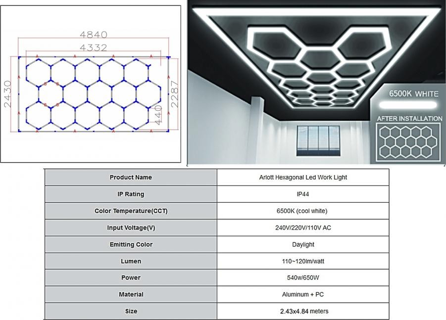 KITT Specials Zeshoekige honingraat plafondverlichting, afmetingen 4,33 x 2,28 meter