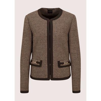 Jackenblazer MADELEINE "Blazer Kragenloser Pepita-Blazer", Damen, Gr. 36, espresso, beige, multicolor, Modern, regular fit, Rundhals, Blazer