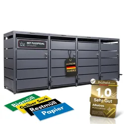 Mülltonnenbox 4er mit Pedal, 120L bis 240L, für Vier Tonnen, Metallverkleidung aus verzinktem Stahl, Anthrazit Grau RAL7016, abschließbar, wetterfest, ISO9227, mit Aufkleber Set