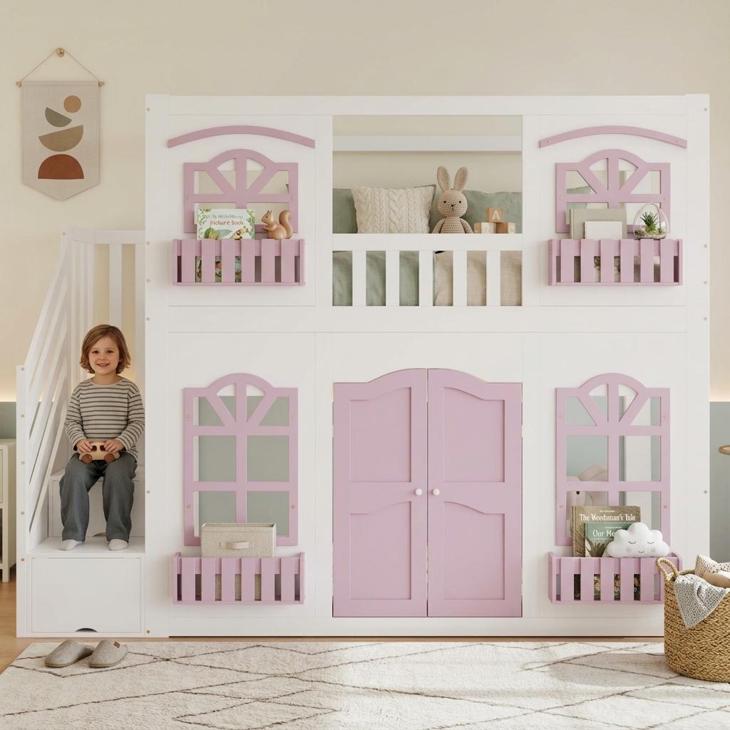 Kinder-Etagenbett 90x200 cm, Hausbett aus Holz mit Acrylfenstern, Stauraumtreppe, Spielbereich, Tür (White+Pink)
