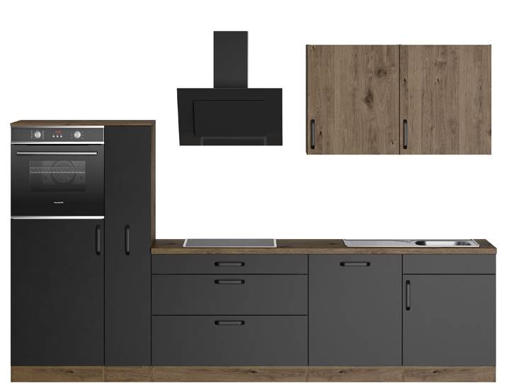 Küchenzeile WIHO KÜCHEN Elba , schwarz (küche: schwarz, korpus: halifax eichefarben braun, arbeitsplatte: halifax eichefarben braun), B:310cm T:60cm, Komplettküchen-Sets, Küchenzeile, wahlweise mit Hanseatic E-Geräten, Breite 310 cm