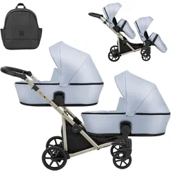 Kunert, Kinderwagen, BRAV DUO 2in1 Öko-Leder Doppelkinderwagen in Hellblau mit Gelrädern und Champagne Rahmen
