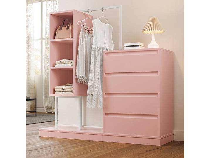 Commode à tiroirs Rose Armoire avec tringle à vêtements 140×40×135 cm