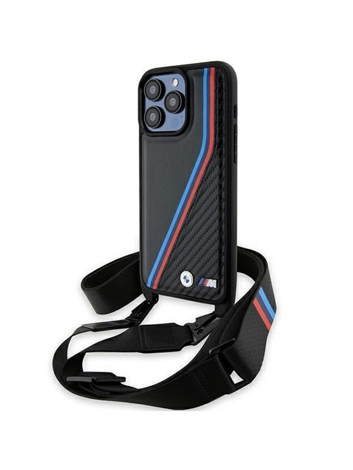 BMW M Edition Carbon Tricolor Lines & Strap case for iPhone 15 Pro - black