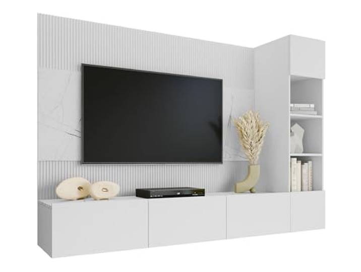 Mirjan24 Wohnwand Deromi (Weiß + Weiß Marmor, 1x Hängeregal) Hängewohnwand mit TV-Lowboard samt 3 Innenfächern, Hängeregal mit 5 Fächern und dekorativem TV-Paneel