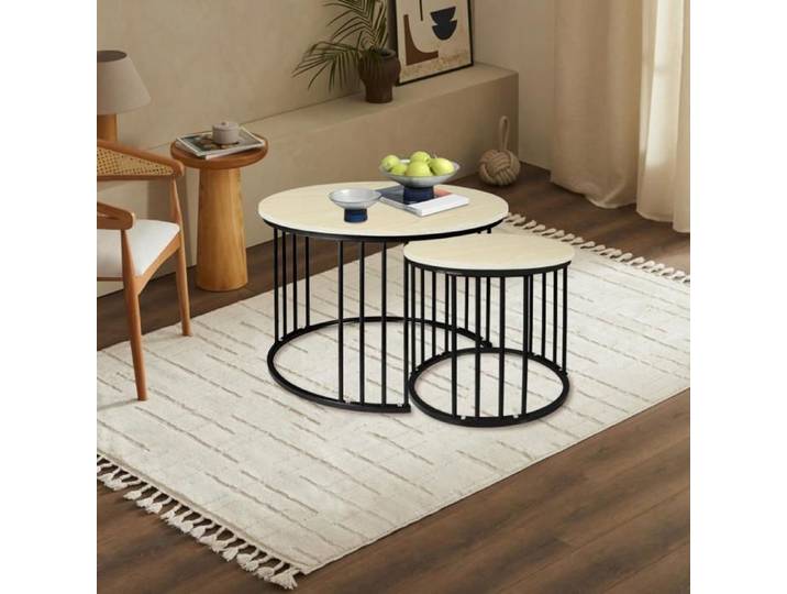 YQINGMAOY - TABLES BASSES EFFET MARBRE - ROBUSTESSE - 60*60*45+40*40*38 CM - BOIS D'ÉRABLE BLANC + PIEDS NOIRS
