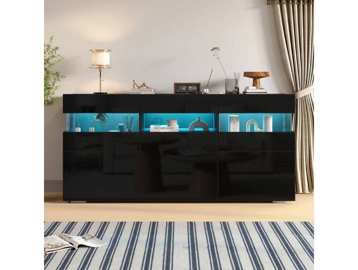 Buffet bas 3 Portes 7 Rangements avec LED - BEAUNIV - Façade Brillante Noire pour Salon 140×40 5×66 5 cm