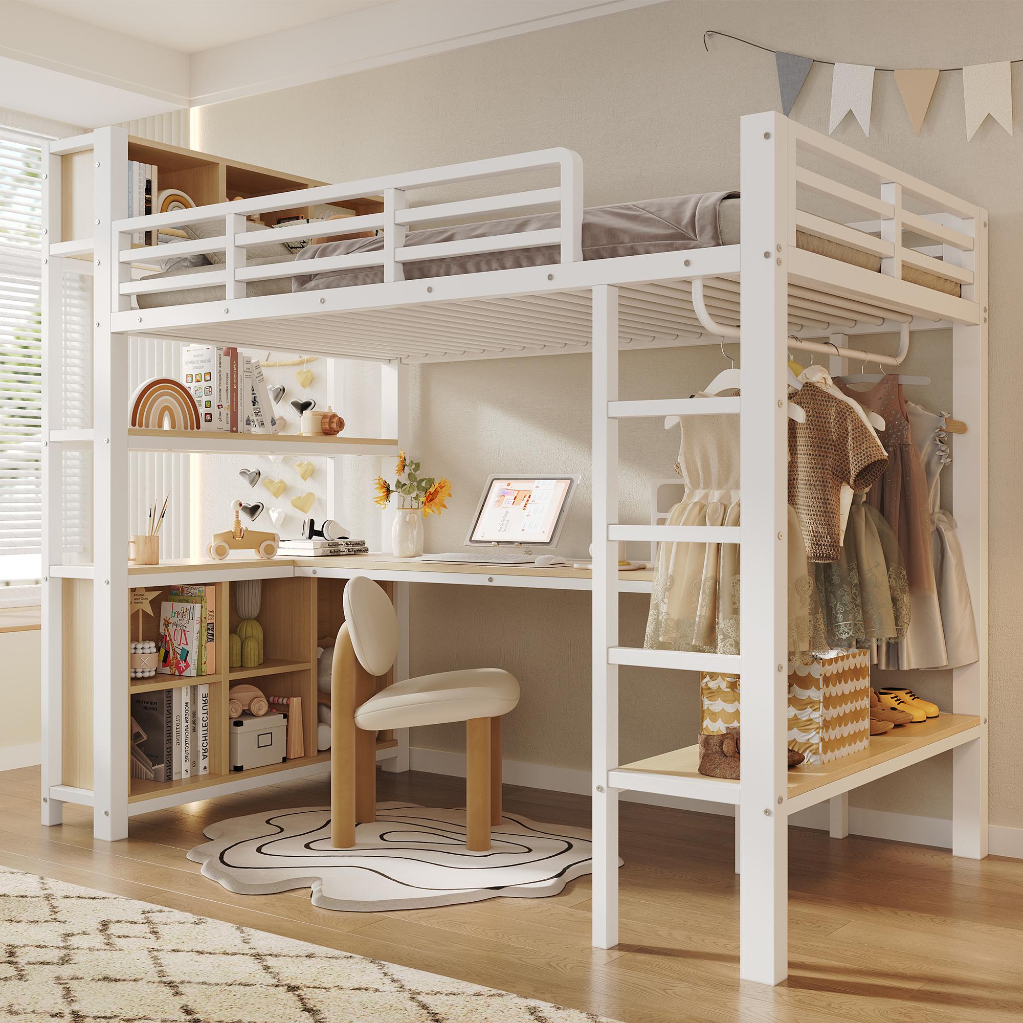 Merax Etagenbett Hochbett 90x200 cm, Kinderhochbett mit Schreibtisch, Kleiderstange, Regalen und Staufächern, Metall-MDF, Jugendbett, Weiß