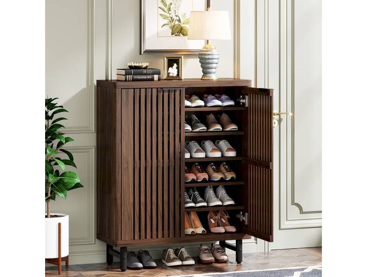Tribesigns Armoire à chaussures à 6 niveaux avec portes à persiennes, grande armoire de rangement pour chaussures en bois avec étagères réglables