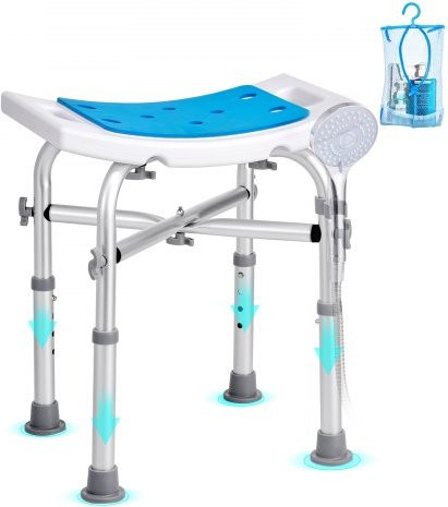 VEVOR Douchestoel met verstelbare poten en antislip zitje, blauw/zilver/wit