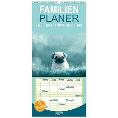 Familienplaner 2027 - Fell Feder Pfote und Herz mit 5 Spalten (Wandkalender, 21 x 45 cm) CALVENDO