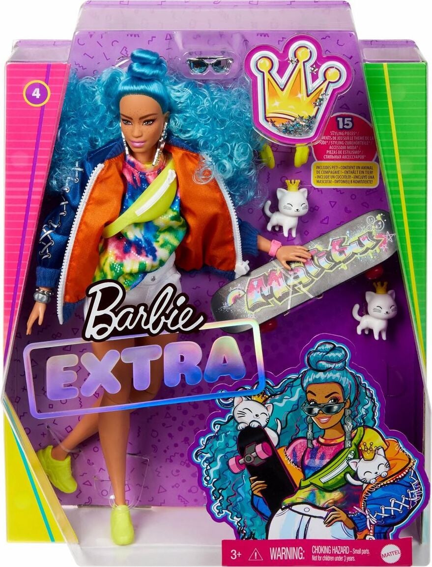 Mattel Barbie Extra pop met blauw haar, skateboard en huisdier