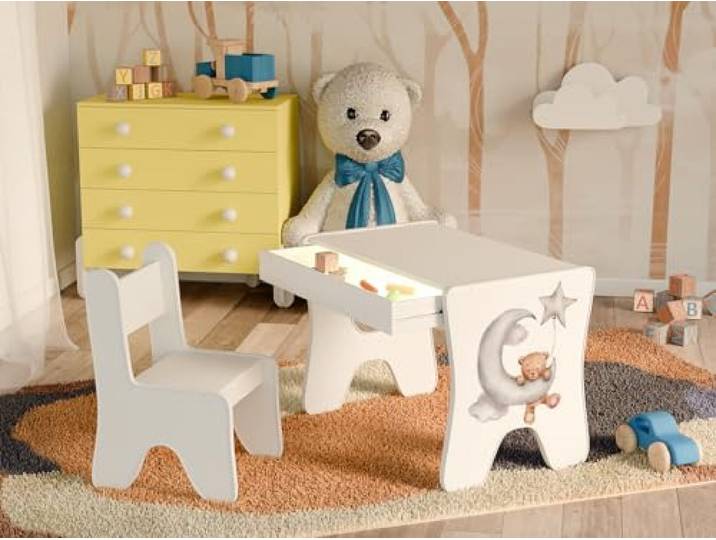 Happy Babies - Kinderschreibtisch-Stuhl-Set, ergonomischer Spieltisch mit geräumiger Schublade - Kinder-Lern- und Spieltisch - Kindermöbel, für den Kindergarten Teddybär (Weiß)