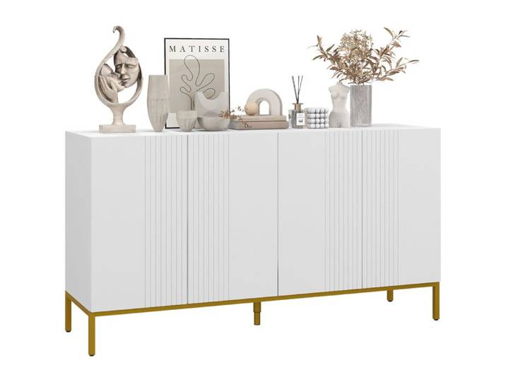 Buffet design contemporain – 4 portes avec étagères réglables – pour salon et entrée – Blanc et doré 140x40x75 cm