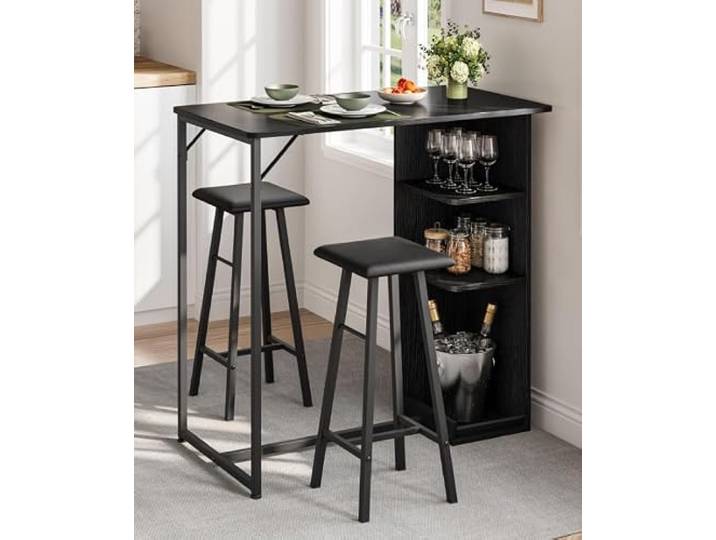 IDEALHOUSE 3-Teiliges Barhochstühle-Set Mit Tisch, 3 Ablageböde Weinhalter & Fußstütze – platzsparend für kleine Küche – Rustikal Braun/Schwarz/Marmorweiß