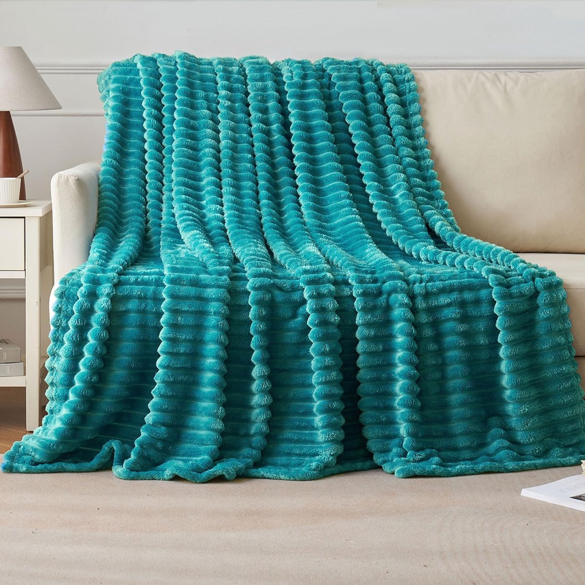 SnelShoppen Fleece Throw Blanket Corduroy Look - Teal Groen - 150 x 200 cm
