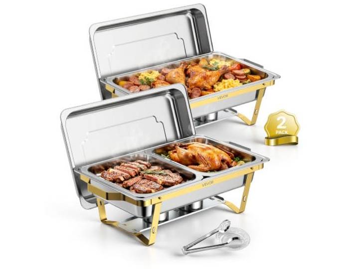 VEVOR Chauffe Plat 2PCs 8\,5 L Buffet Chauffant INOX 3 Bacs Interchangeables Pour Hôtel Mariage Restauration Traiteur CHR\, Réchaud Rectangulaire\, Chafing Dish Cadre Pliable\, Kit Complet avec Pince