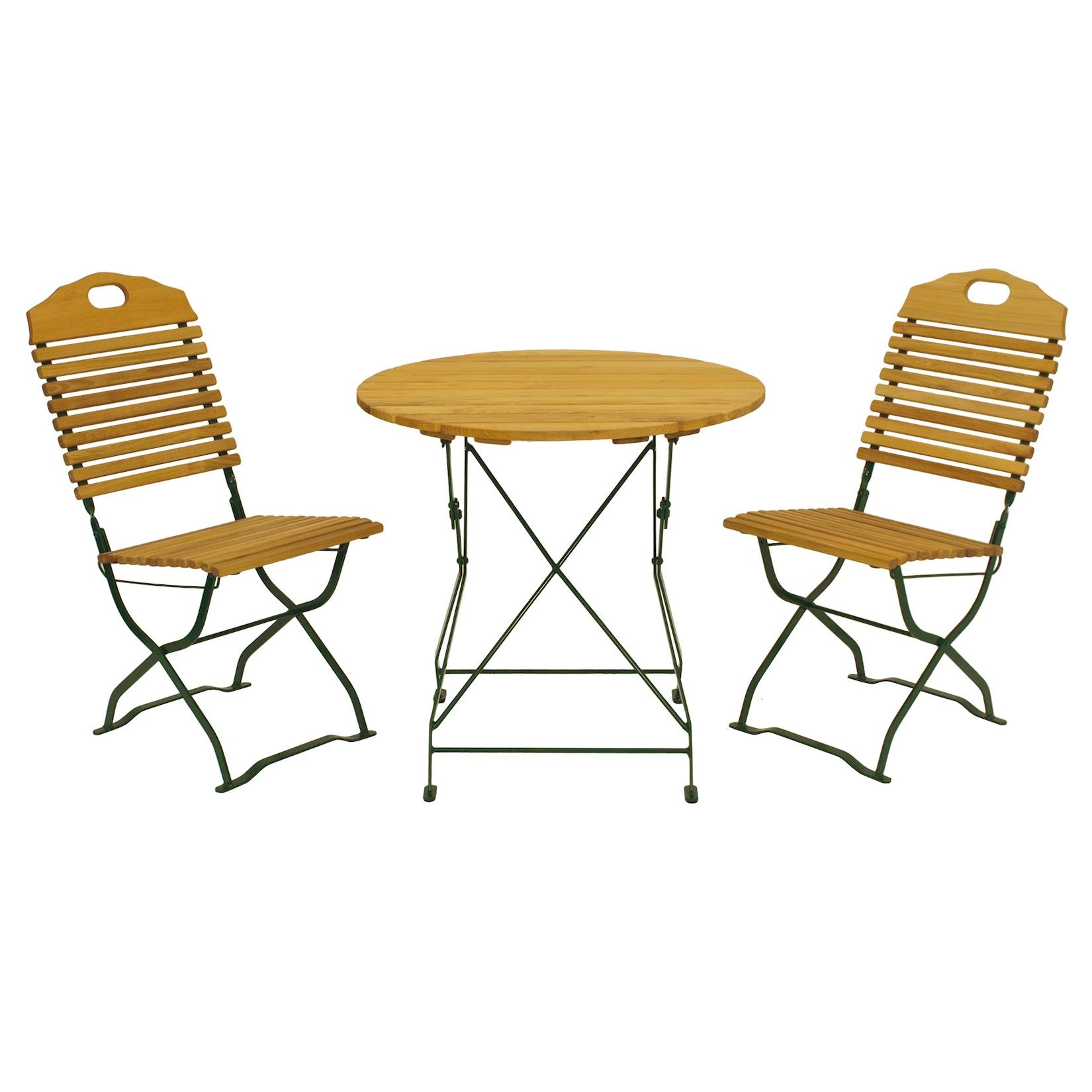 Kurgarten - Garnitur BAD TÖLZ 3-teilig (2x Stuhl, 1x Tisch 77cm rund), Flachstahl grün + Robinie, klappbar