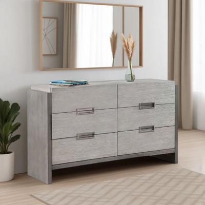 Benjara Rizvi Wide Dresser, 6 Drawers Bronze, Stone Gray Solid Wood 64 Inch