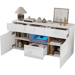 Sideboard 140x40x70 cm Wohnzimmer Weiß+Holz Hochglanz mit LED-Smart Beleuchtung, Aufbewahrungsschrank mit Schubladen und Regalen