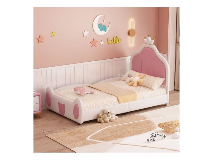 OKWISH Kinderbett Polsterbett mit Kopfteil-Kranzleiste, Patchwork-Design 90*200 cm (Polsterbett, kindliche Leistengestaltung am Kopf- und Fußende des Bettes, zweifarbiges Patchwork-Design, Kunstlederstoff), ohne Matratze