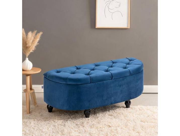 Pouf coffre 2 en 1 demi-cercle en velours bleu rangement salon chambre