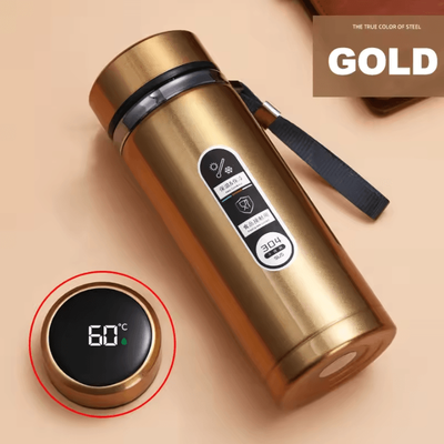 Uplift Curations Smart LED Temperature Thermos Bottle Stainless Steel Vacuum Flask For Hot & Cold Drinks gold 500ml