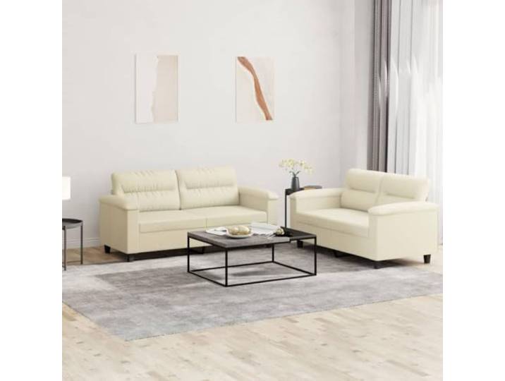 HEFZGDB 2-TLG. Sofagarnitur mit Kissen Creme Kunstleder, Langlebiges Schmutzabweisendes Sofa mit Robustem Gestell, Bequeme Polsterung für Entspannung und Wohnzimmer Komfort,