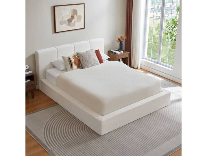 Cadre de lit compressé 140 x 200 avec tête de lit rembourrée et Cadre en acier Lit Double Blanc(montage facile matelas non inclus)